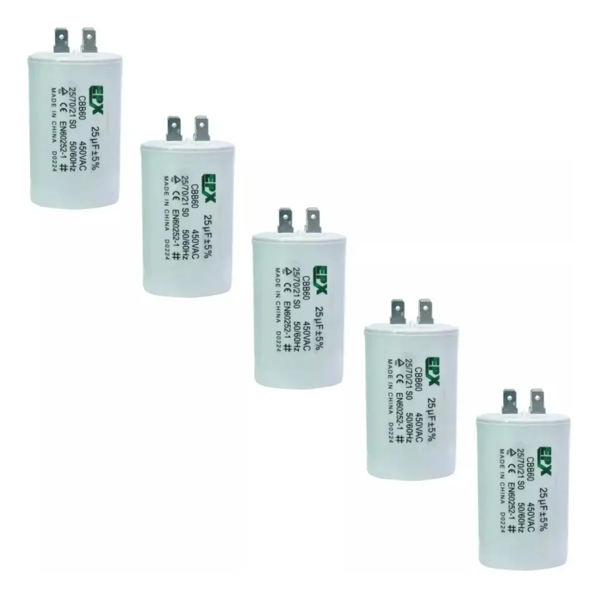 Kit 5 Capacitores Permanentes 25uf 450v Terminal Cbb60 Epx