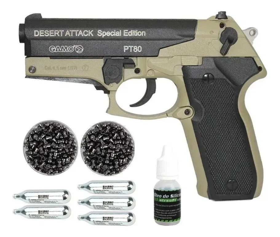 Pistola Co2 Gamo Pt-80 Desert 4,5mm + Co2 + Chumbinho + Oleo