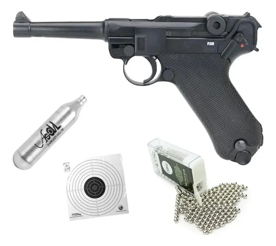 Pistola Pressão Co2 Luger P08 Blowback 4.5 + Co2 + Bbs +alvo Preto 4.5 Mm