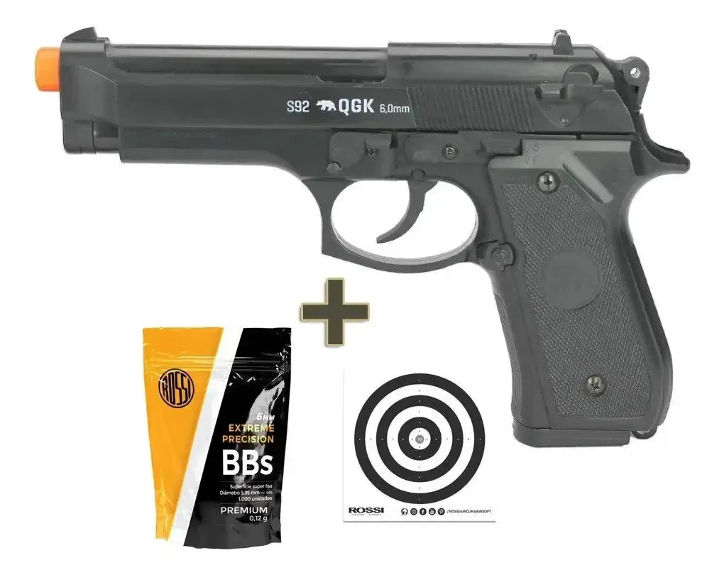 Pistola De Airsoft Beretta M92 Spring 6mm Qgk + Bbs + Alvos Preto 6 Mm