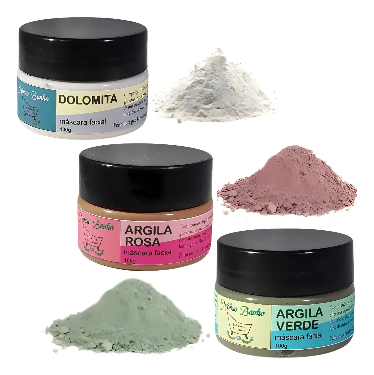 Kit 3 Máscaras Faciais Argila Verde Rosa E Dolomita Veganas Todo Tipo De Pele