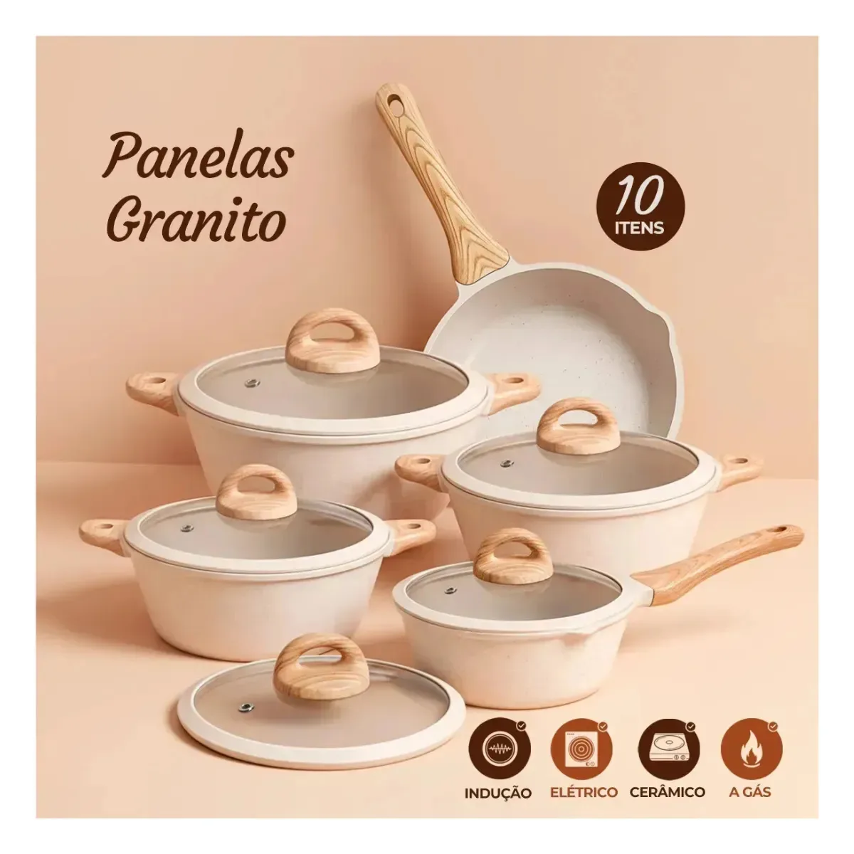 Jogo Panelas 10 Pçs Antiaderente Cabo Tampa Vidro Cozinha Familar Fogao Indução Frigideira Frita Sem Oleo A Vapor Bege Gourmet Luxo