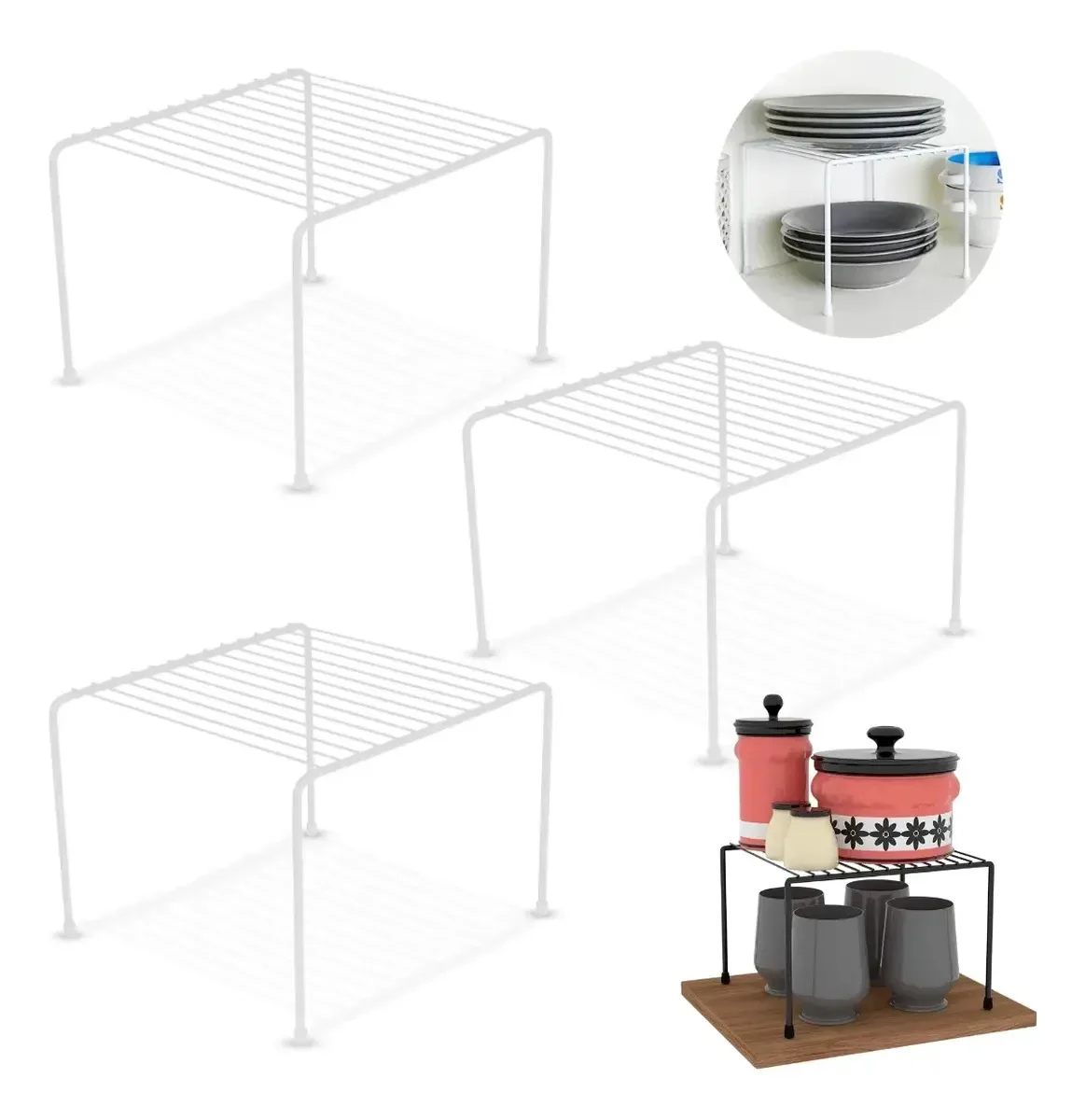 Kit de 3 Organizadores de Prateleira para Armário de Cozinha, Branco