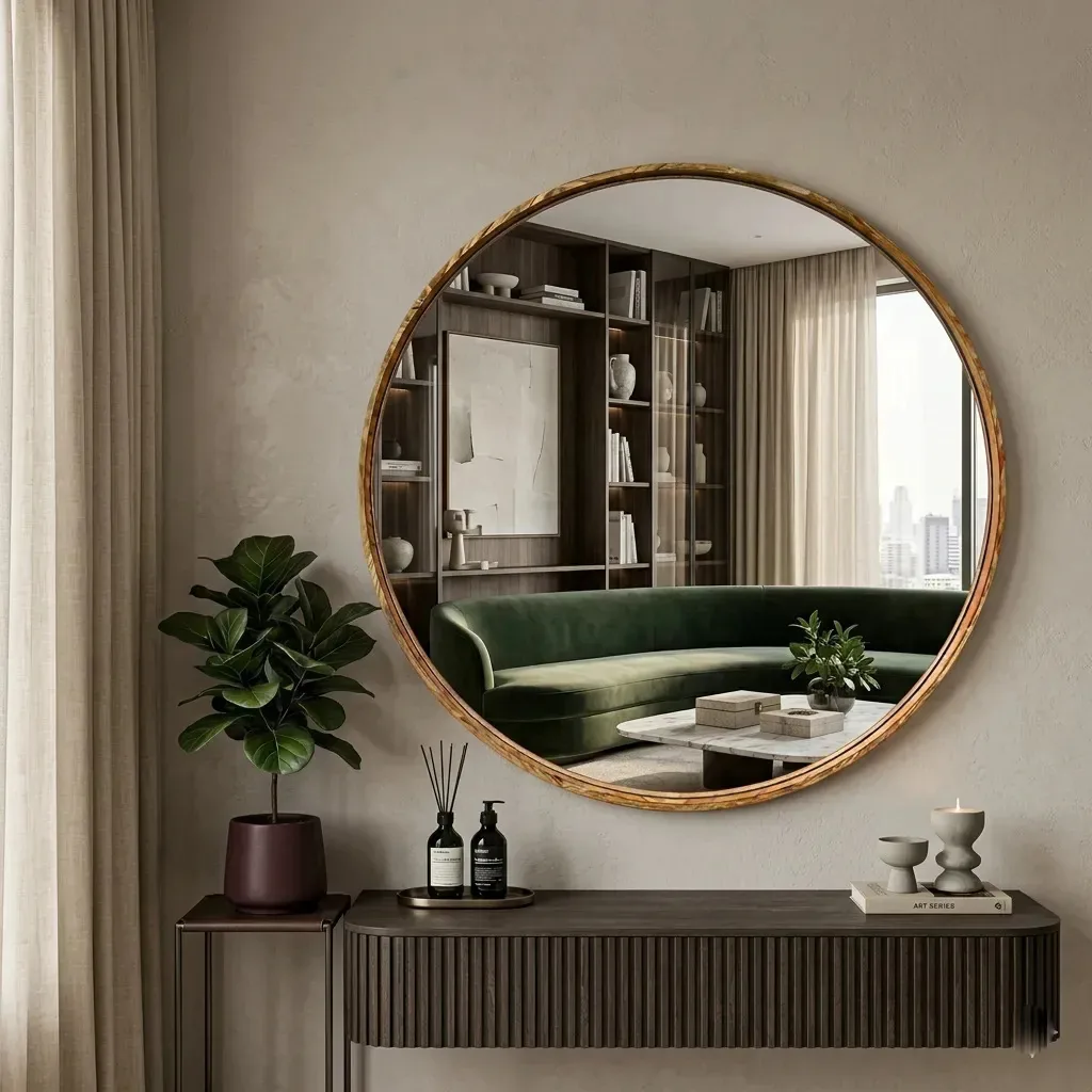 Espelho Decorativo Redondo Moldura Madeira Natural Luxo 50cm Madeira