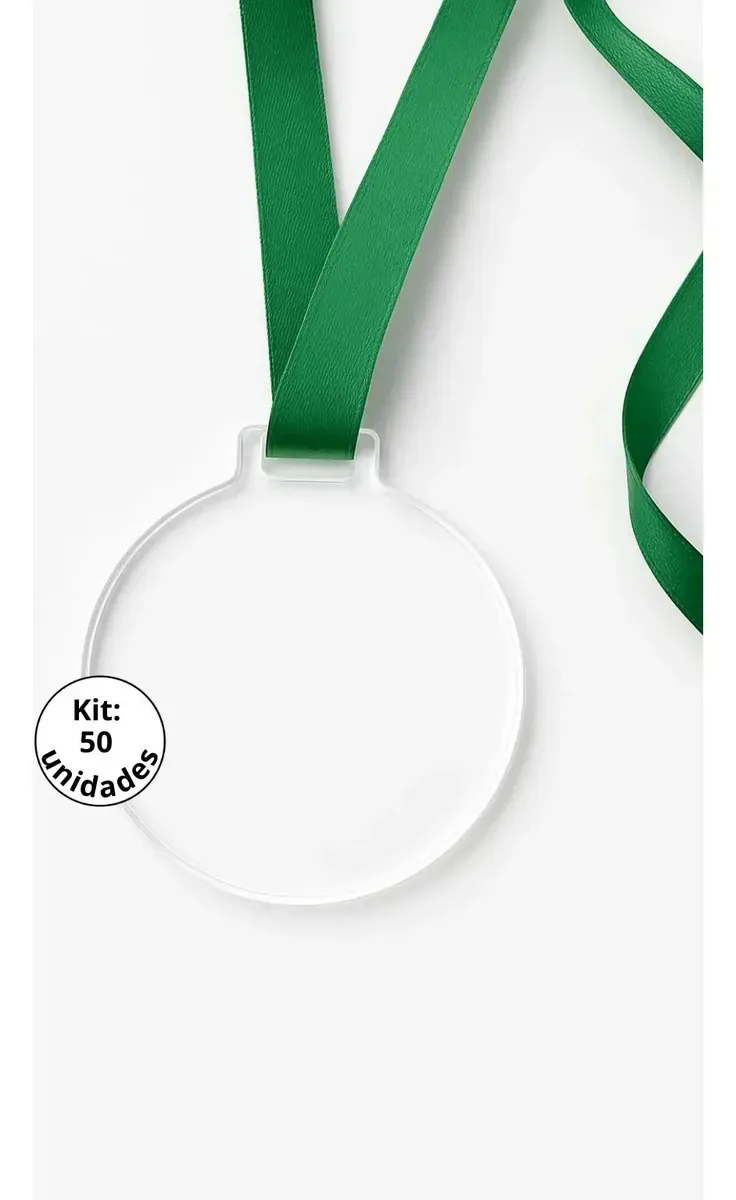 50 Medalhas Redondas 5cm Acrílico Cristal 2mm C/ Fita Verde