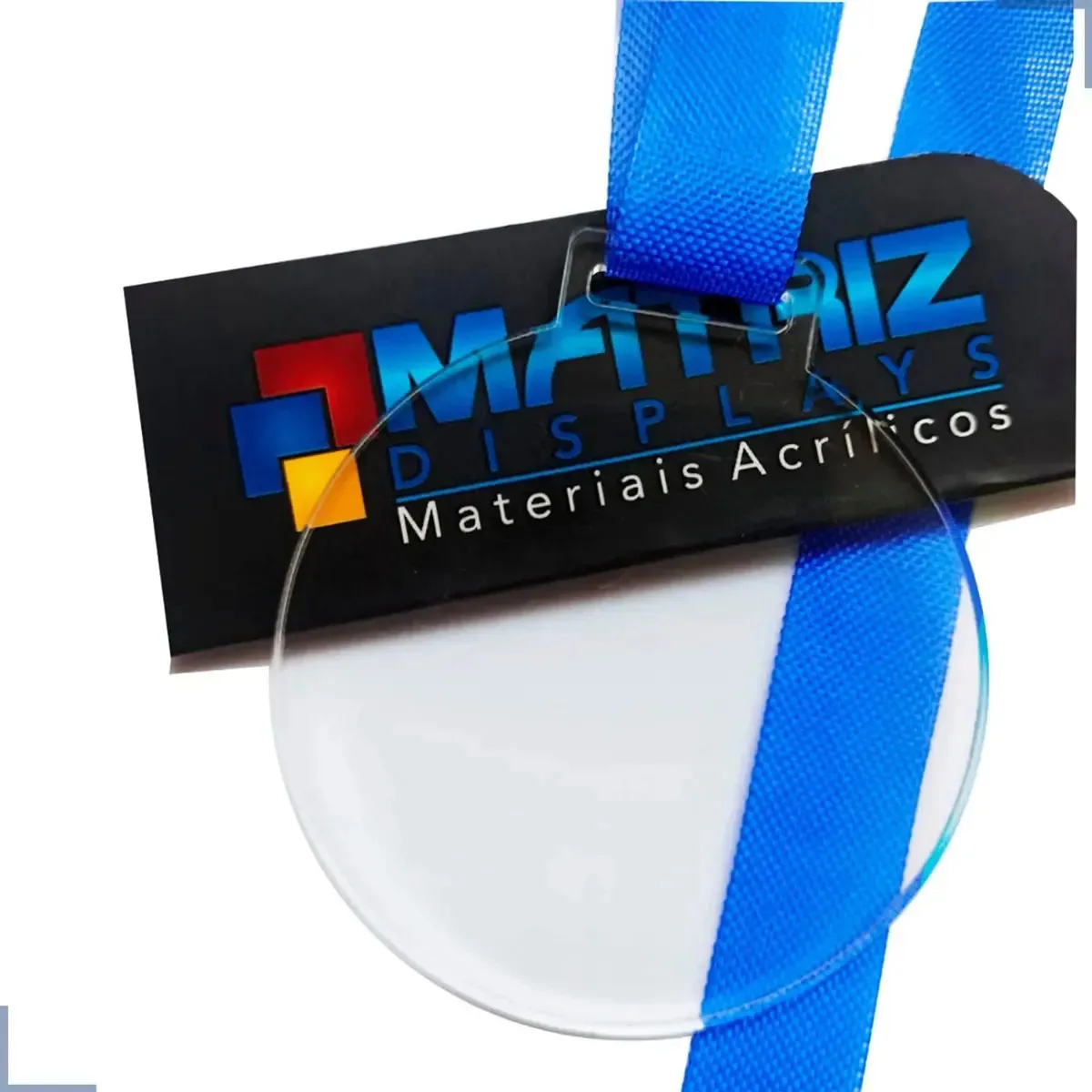 100 Medalhas Redonda 5cm Acrílico Cristal 2mm Fita Azul