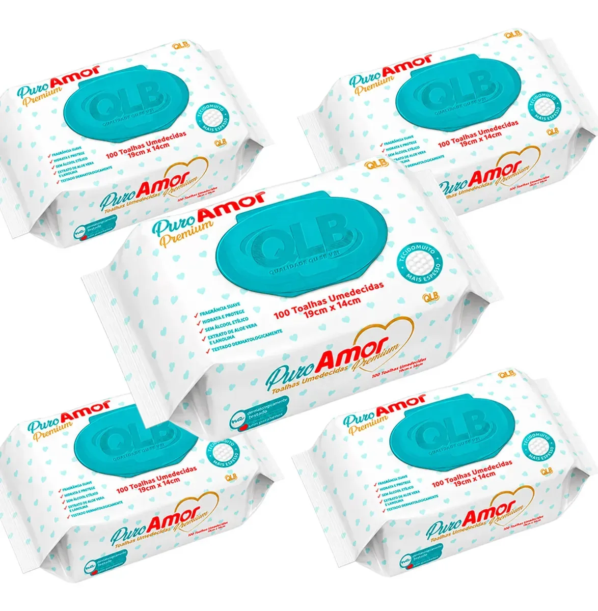 Kit Com 5 Lenços Umedecidos Puro Amor Premium 500un - Qlb