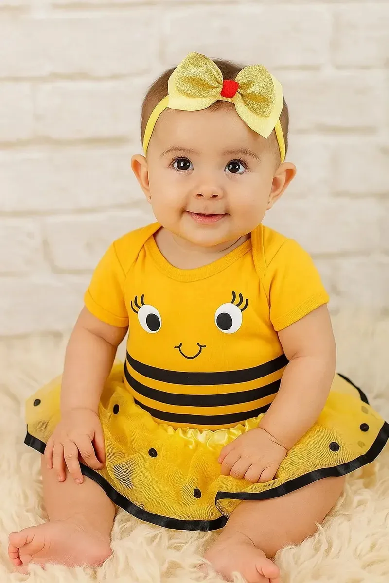 Kit 3 Bodies de Mesversário Para Bebê Menina Amarelo Com Tule e Laço Papilloo
