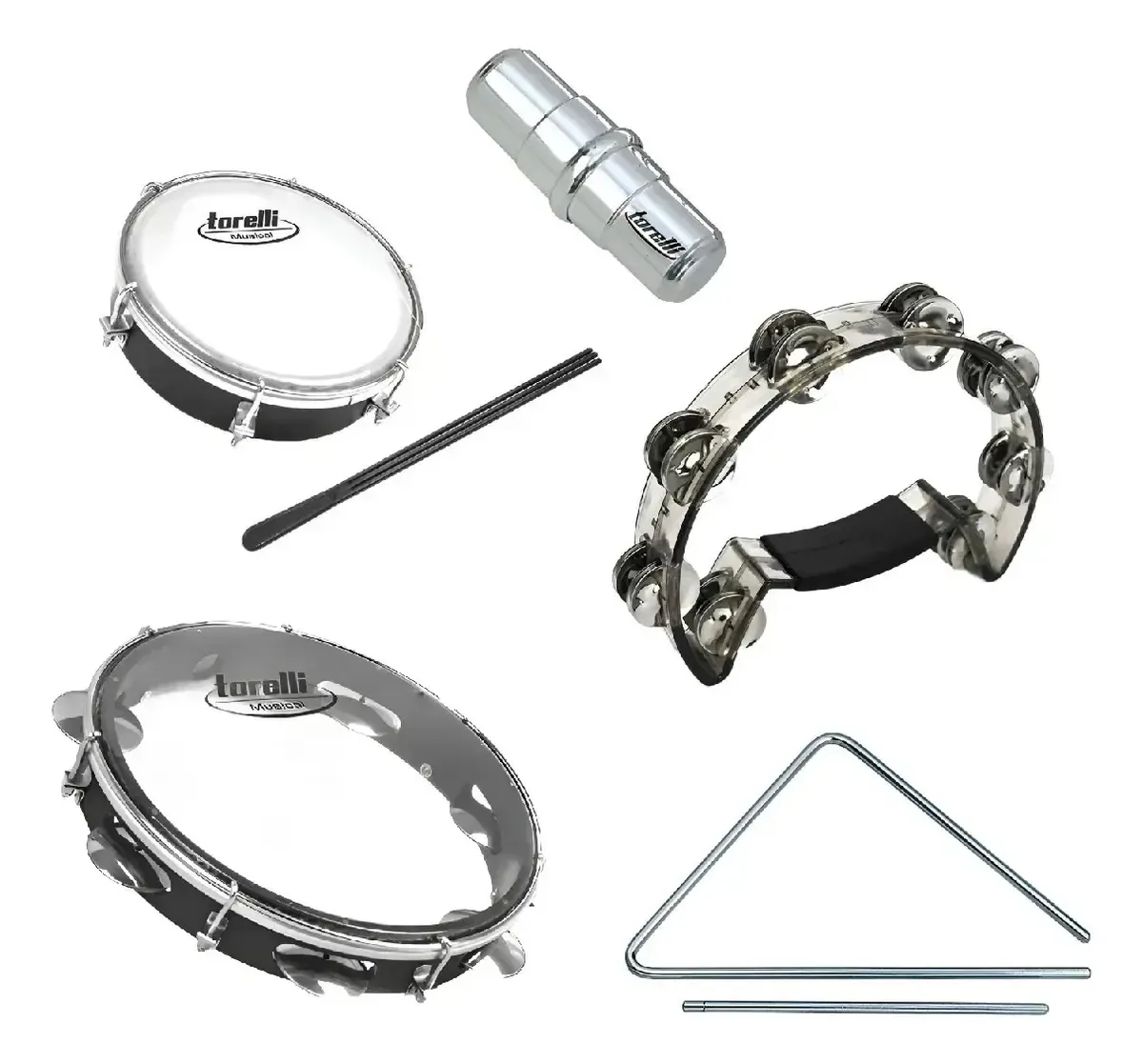 Kit Torelli Pandeiro Pandeirola Tamborim Triângulo Ganzá Cor Preto