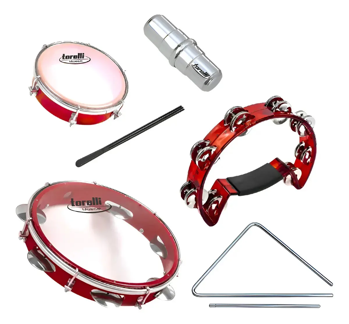 Kit Torelli Pandeiro Pandeirola Tamborim Triângulo Ganzá Cor Vermelho
