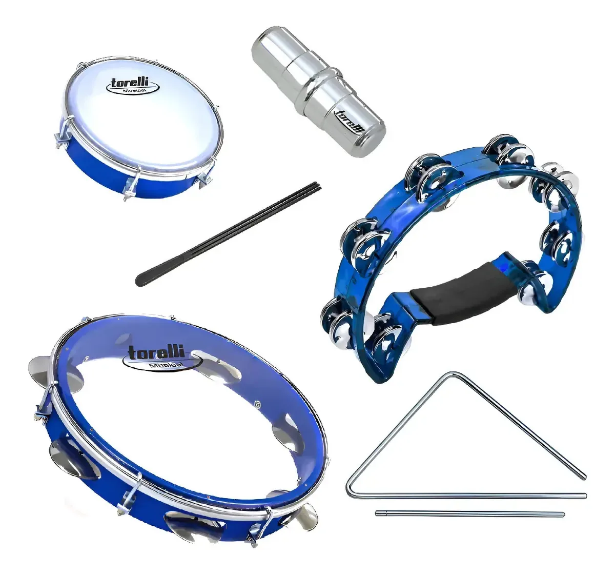 Kit Torelli Pandeiro Pandeirola Tamborim Triângulo Ganzá Cor Azul