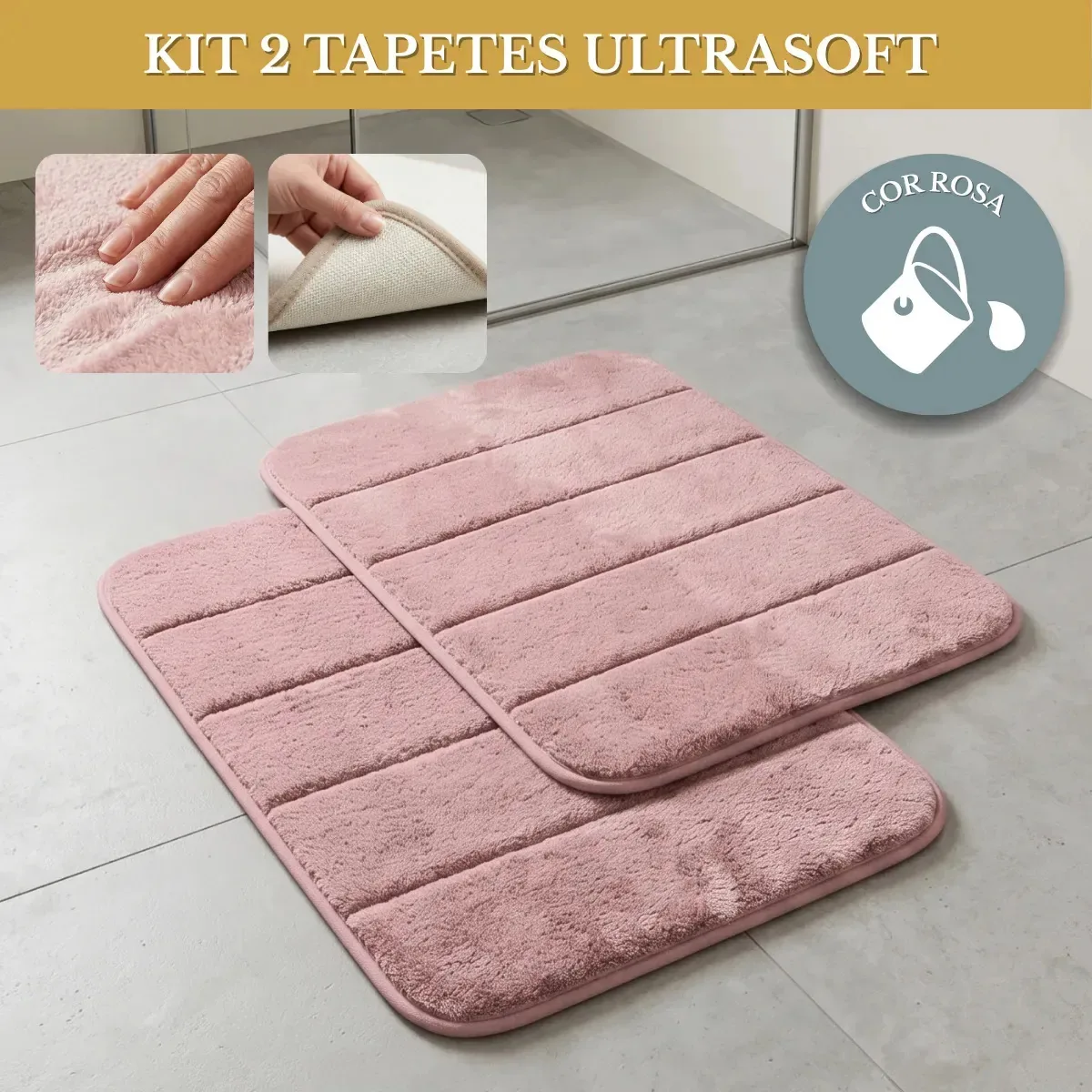 Kit 2 Tapetes Para Banheiro Ultrasoft Super Soft Macio Antiderrapante Absorvente Toque Aveludado Luxo Cor Rosa