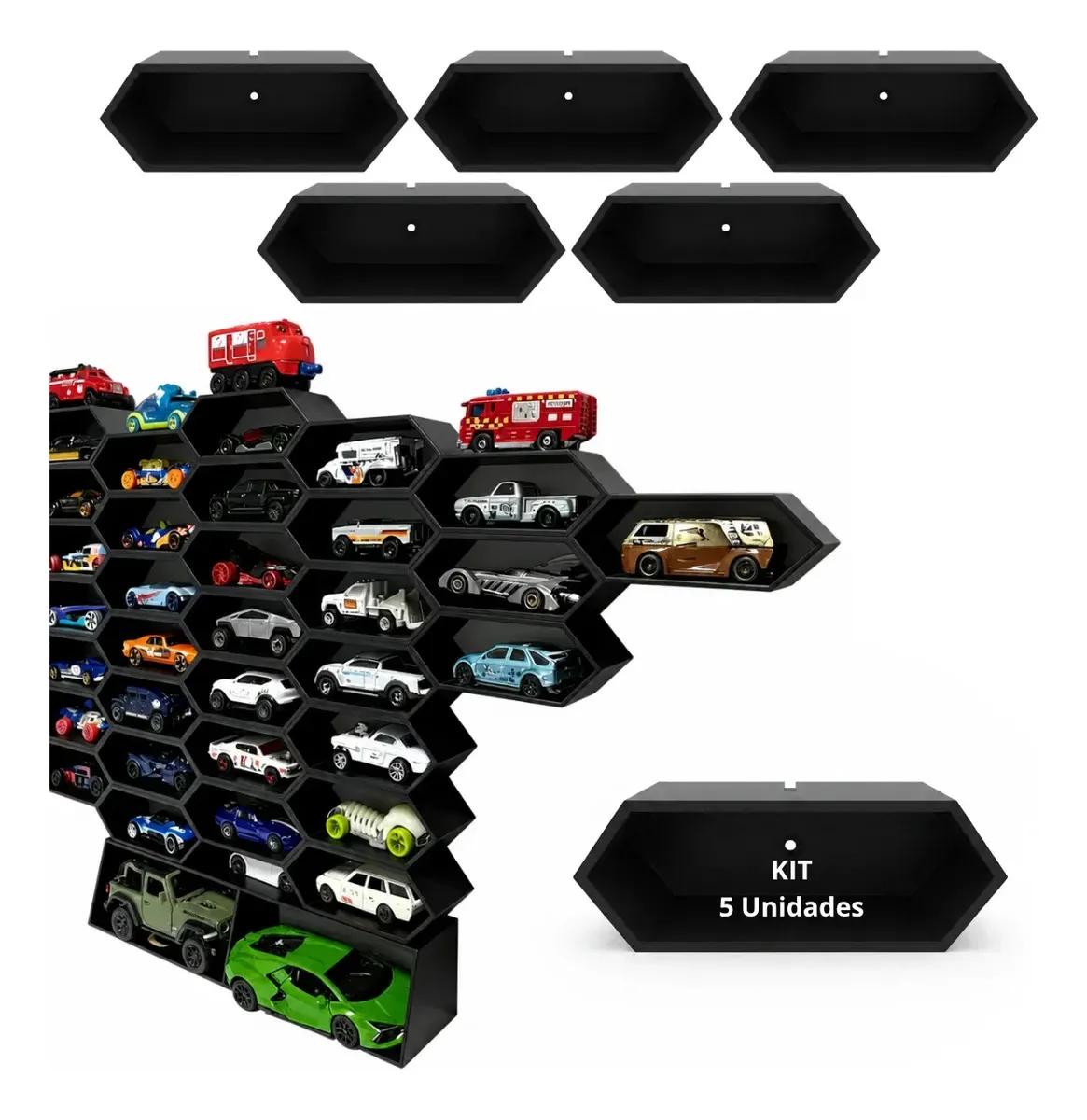 Kit 5 Suportes Hot Wheels Porta Carrinho Parede Organizador Preto