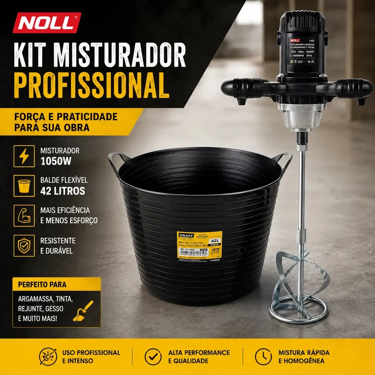 Kit Misturador Batedor Eletrico Argamassa Balde Maleavel 42l