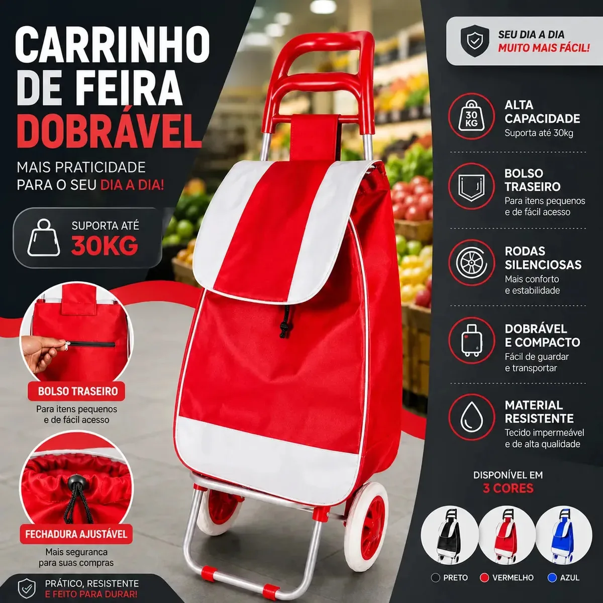 Carrinho de Feira Dobrável Vermelho para Compras com Rodas Grandes e Reforçadas Urucum