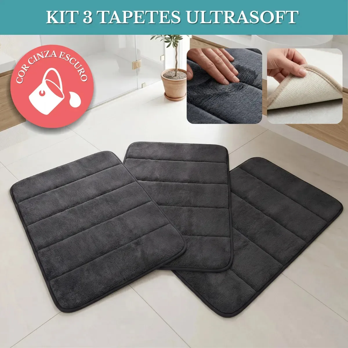 Kit com 3 Tapetes Para Banheiro Super Soft Toque Macio Alta Absorção Base Antiderrapante Ambiente Sofisticado - Cinza Escuro