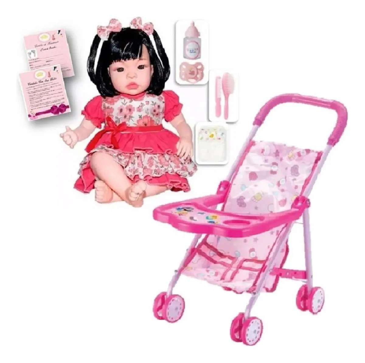 Boneca Estilo Reborn Morena Carrinho Acessórios