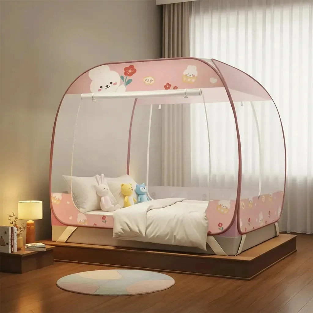 Mosquiteiro Dobrável Cama Casal Portátil 1.5*2.0m |Ohté Coelho Floral Rosa Respirável Design de porta dupla