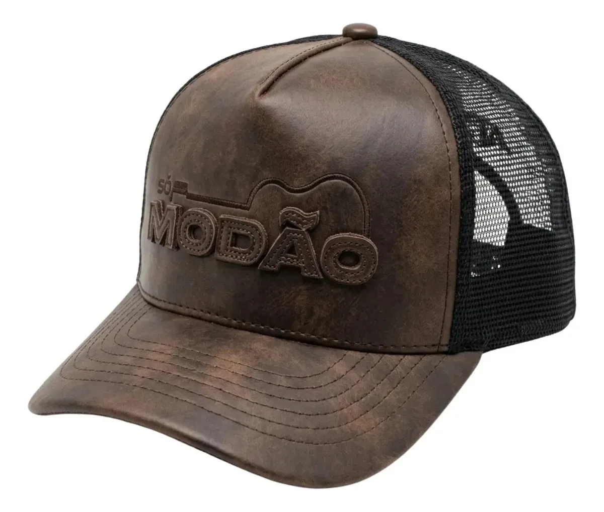 Boné Country Trucker Churrasco Agro Aba Couro Curva Preto Marrom Un Só Modão
