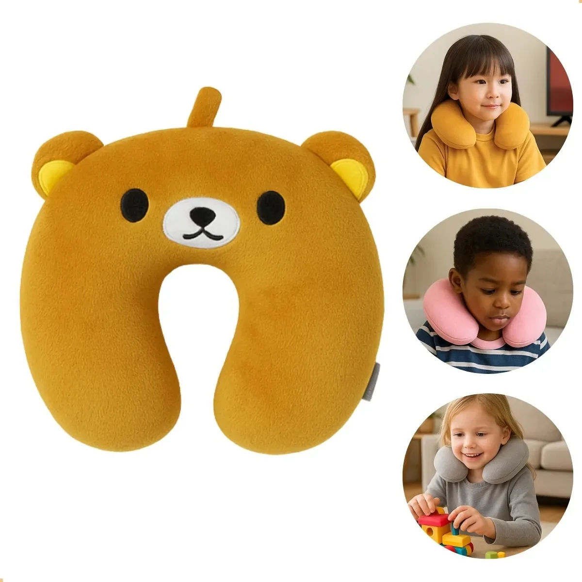 Almofada de Pescoço Infantil para Viagem com Bichinhos – Conforto Ergonômico Marrom Claro