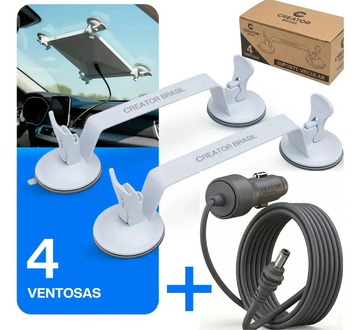 Kit Suporte Starlink Mini Veicular Com Ventosas Reforçadas Para Vidro E Painel + Cabo Veicular 12v/24v Para Carro, Caminhão, Trailer, Motorhome E Viagem Creator Brasil