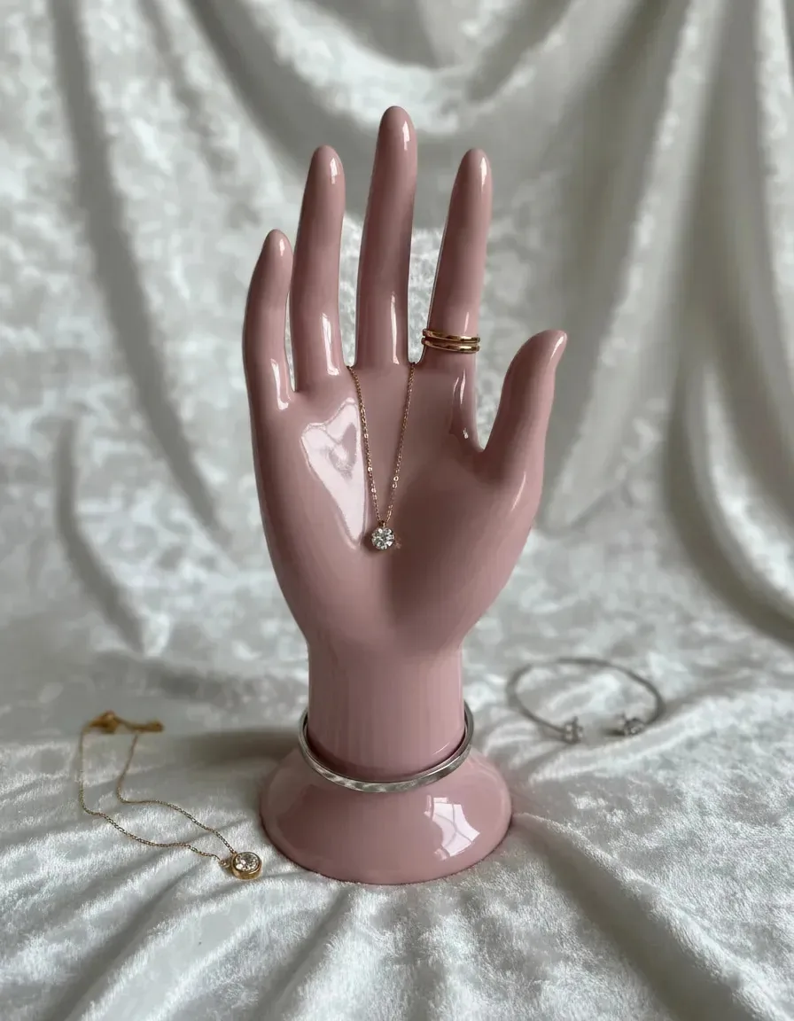 Mão Expositor Pro Joias Bijuterias Anel Aliança Para Vitrine Rosa