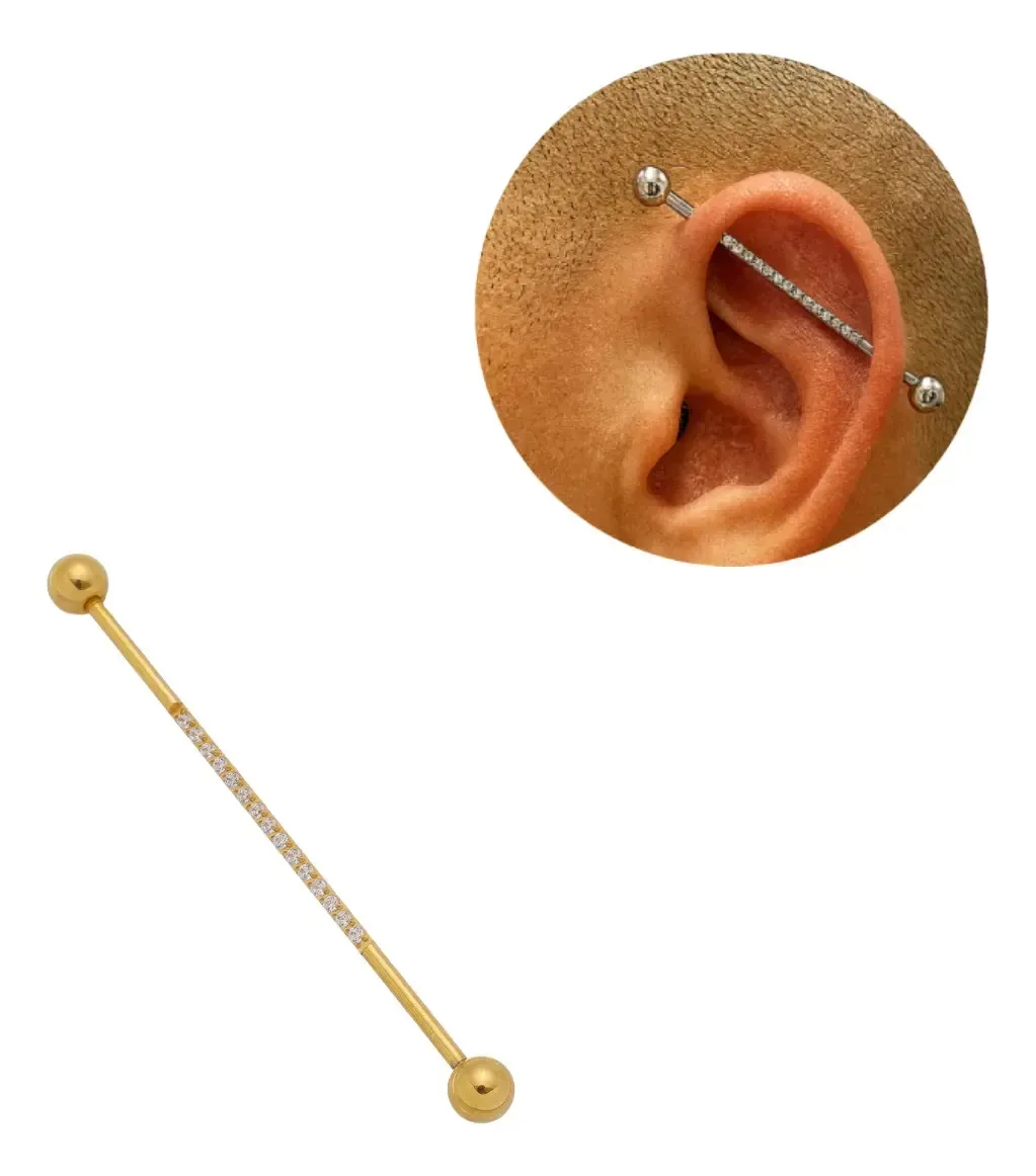 Piercing Titânio Transversal Pedras Prateado E Dourado