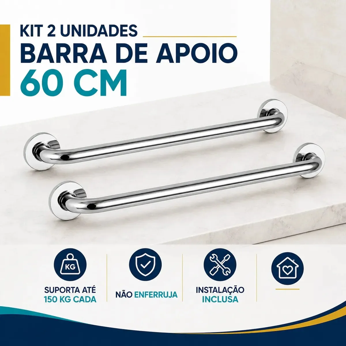 Kit 2 Barra De Apoio Acessibilidade Para Idoso Deficiente Em Aço Inoxidável Alça 60cm