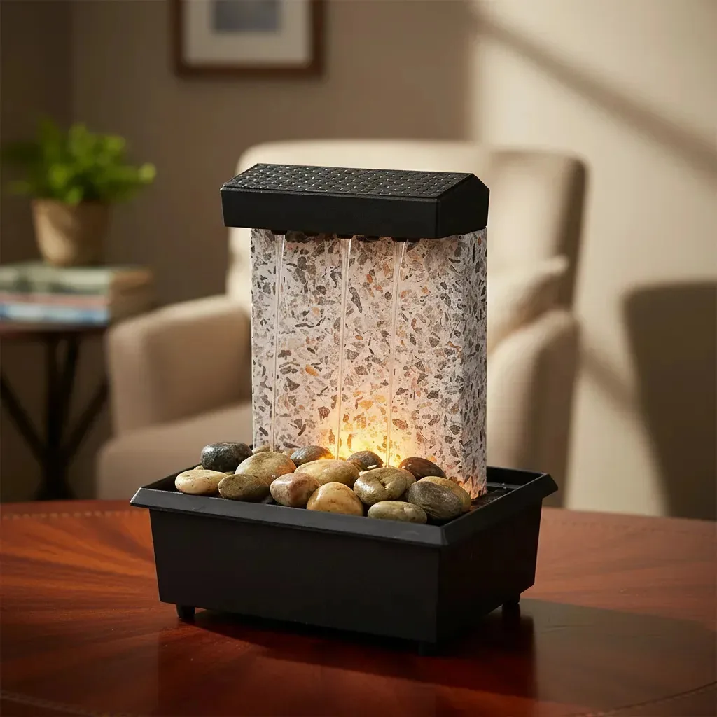 Mini Fonte Agua C/ Led Cascata De Mesa Relaxante, Terapia 4 Quedas De Agua