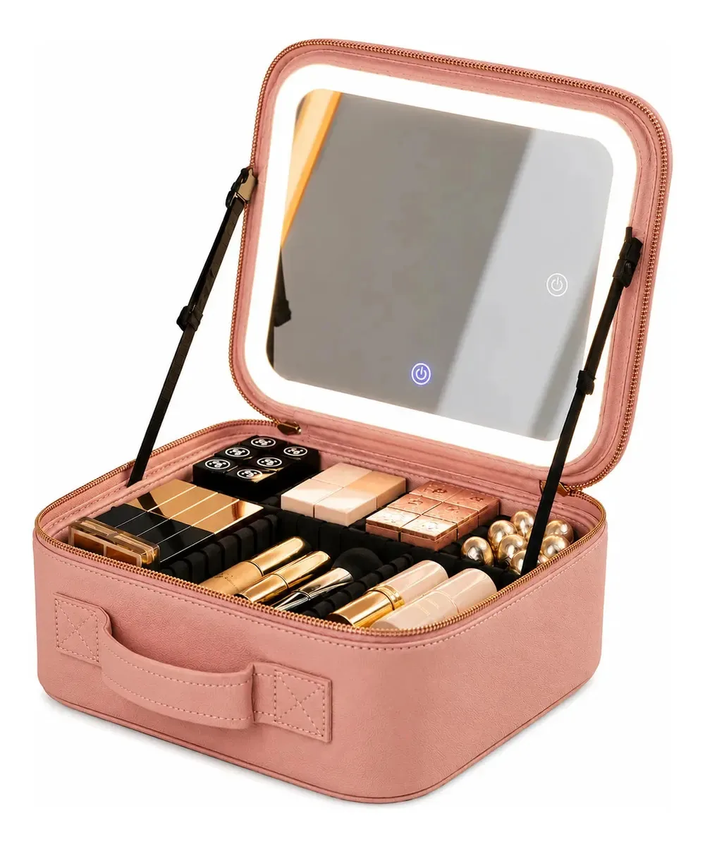 Bolsa Porta Maquiagem Necessaire Espelho Luz Led Luxo Make Rosa