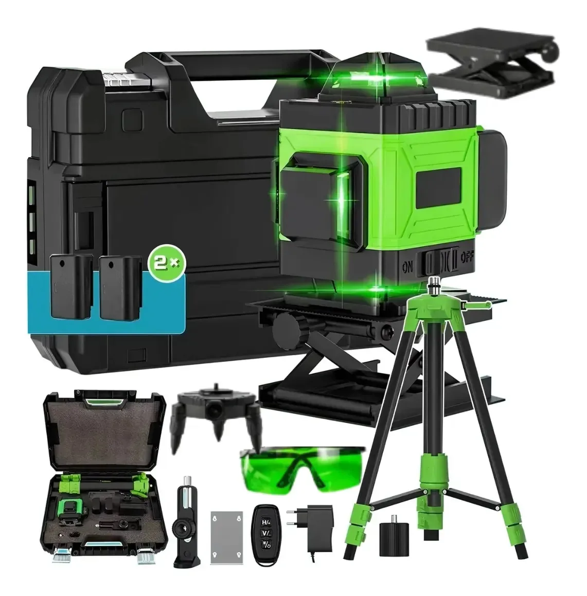 Kit Nível A Laser Verde 16 Linhas Esquadro + Suporte + Tripé Recarregável Profissional Prumo Autonivelante Maleta Óculos