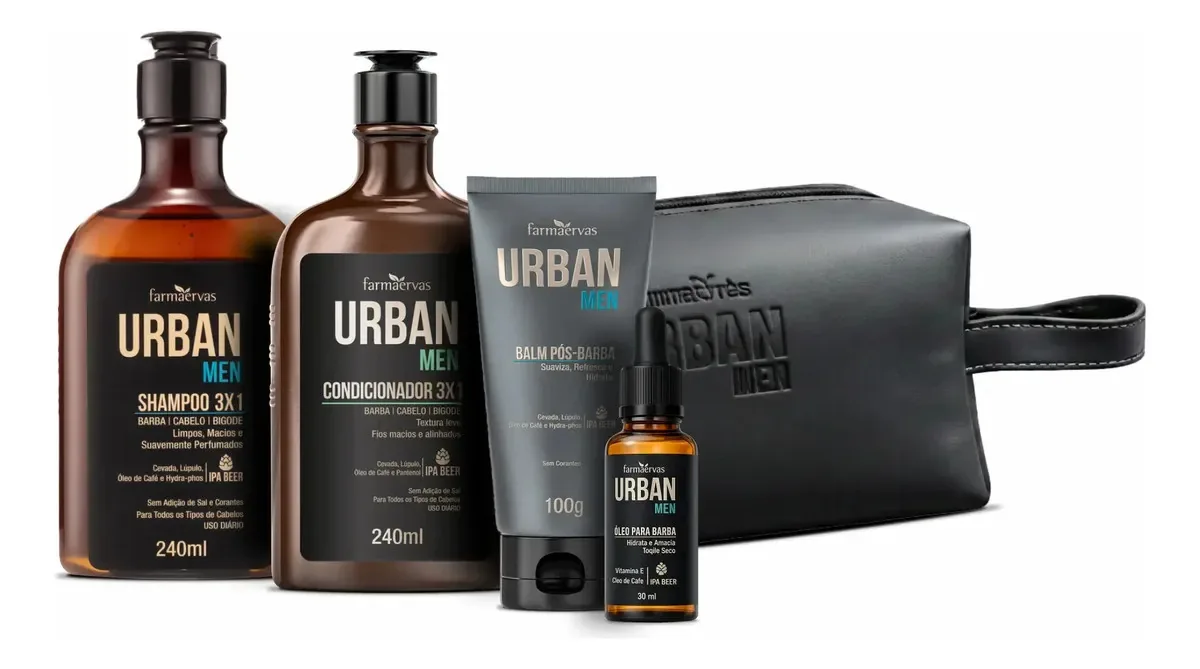 Urban Men Kit Completo 3x1 Shampoo Cond Balm + Oleo P/ Barba