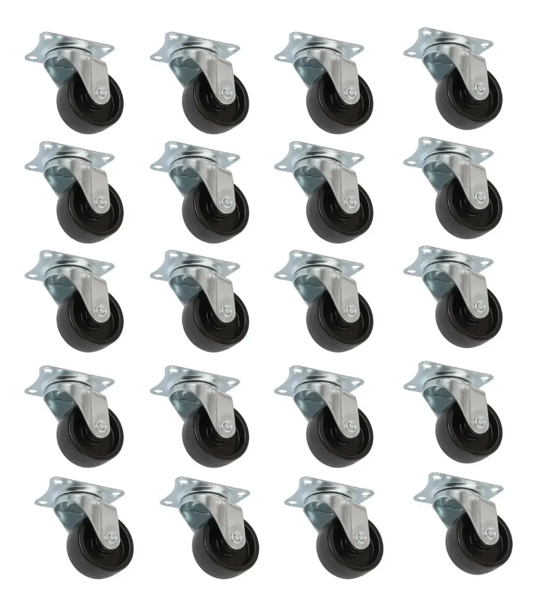 Kit com 20 Rodízios de Polipropileno para Cadeiras e Carrinhos, Preto 50mm