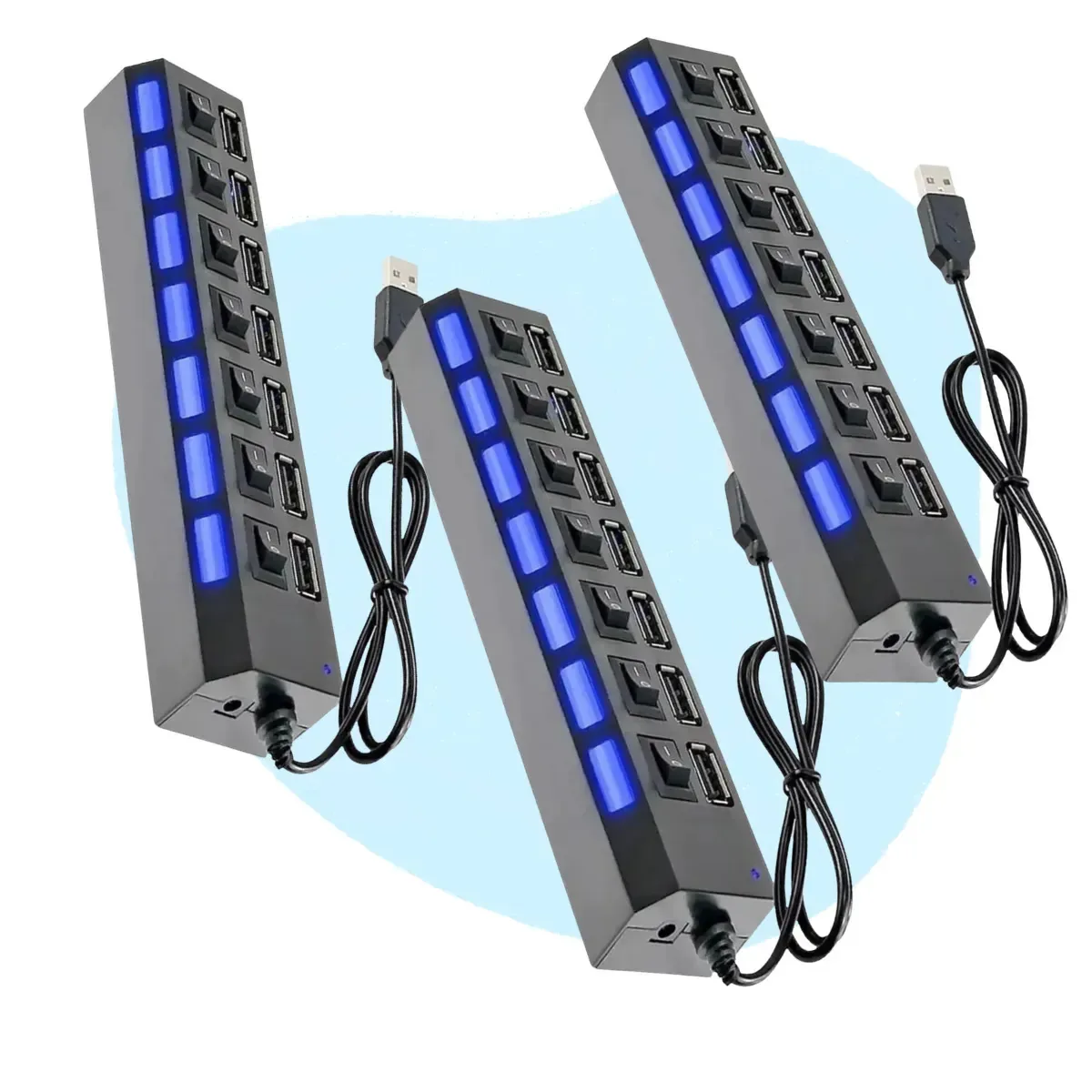 Kit 3 Hub Usb 7 Portas Extensão Régua Adaptador Led Com Chave Seletora Extensor Várias Entradas Para Pc Pen Drive Hd Externo