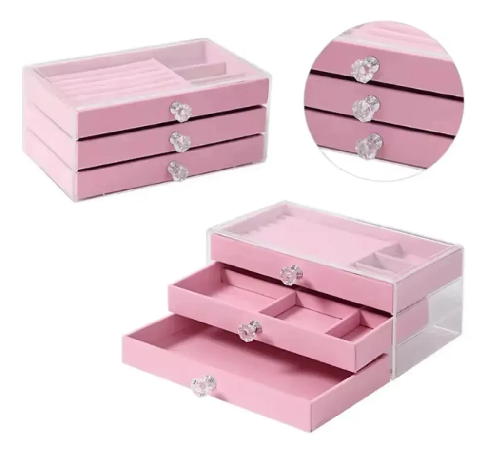 Maleta Porta Joias Expositor De Luxo 3 Gavetas Rosa