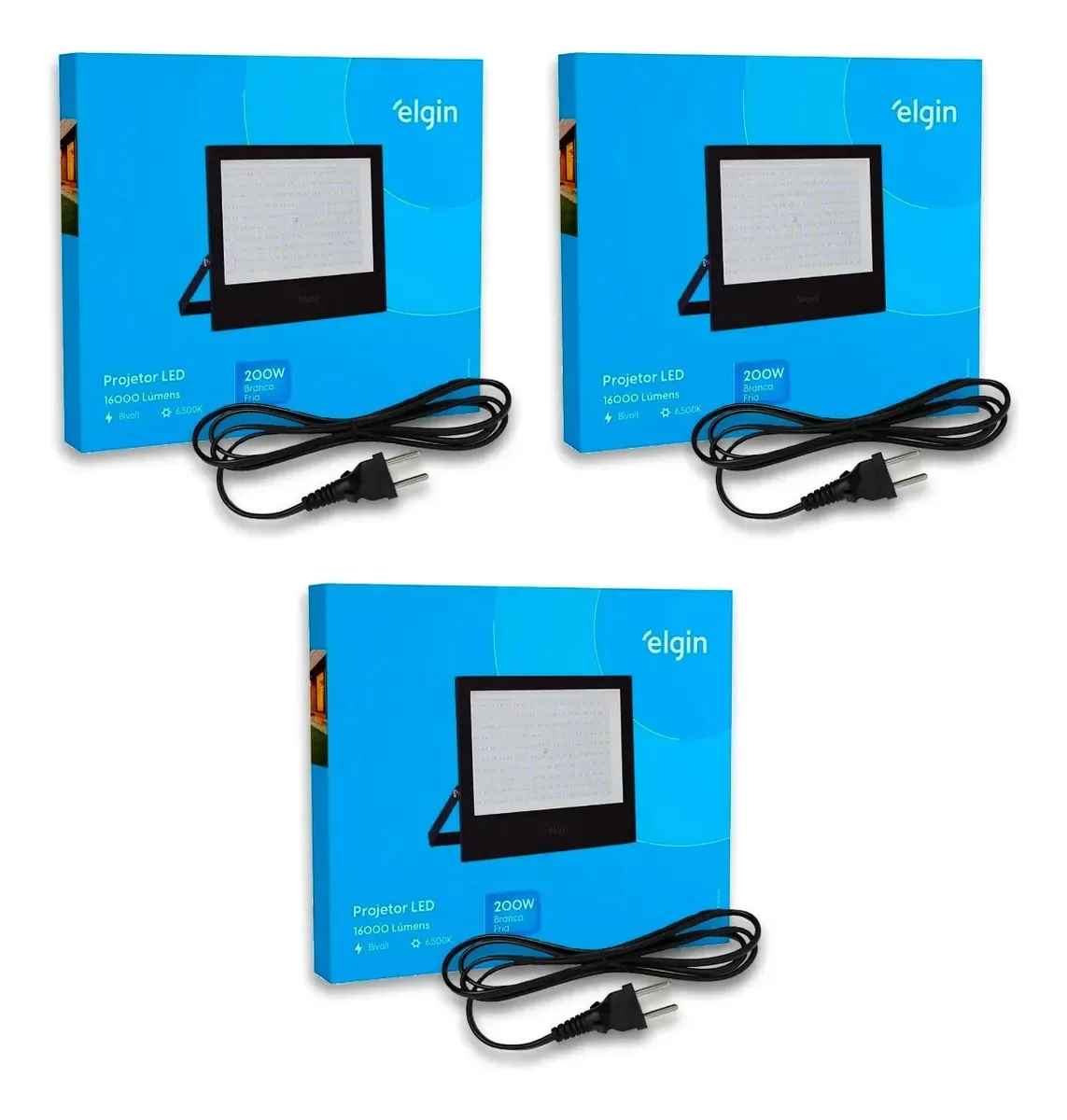 3x Refletores Elgin 200w 6500k Branco Frio Bivolt C/ Tomada