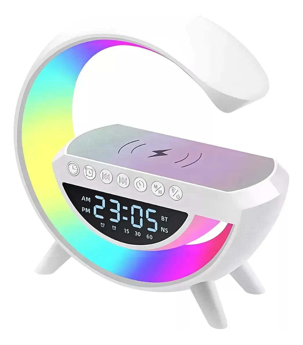 Relógio, rádio, despertador, carregador sem fio, alarme de música, branco