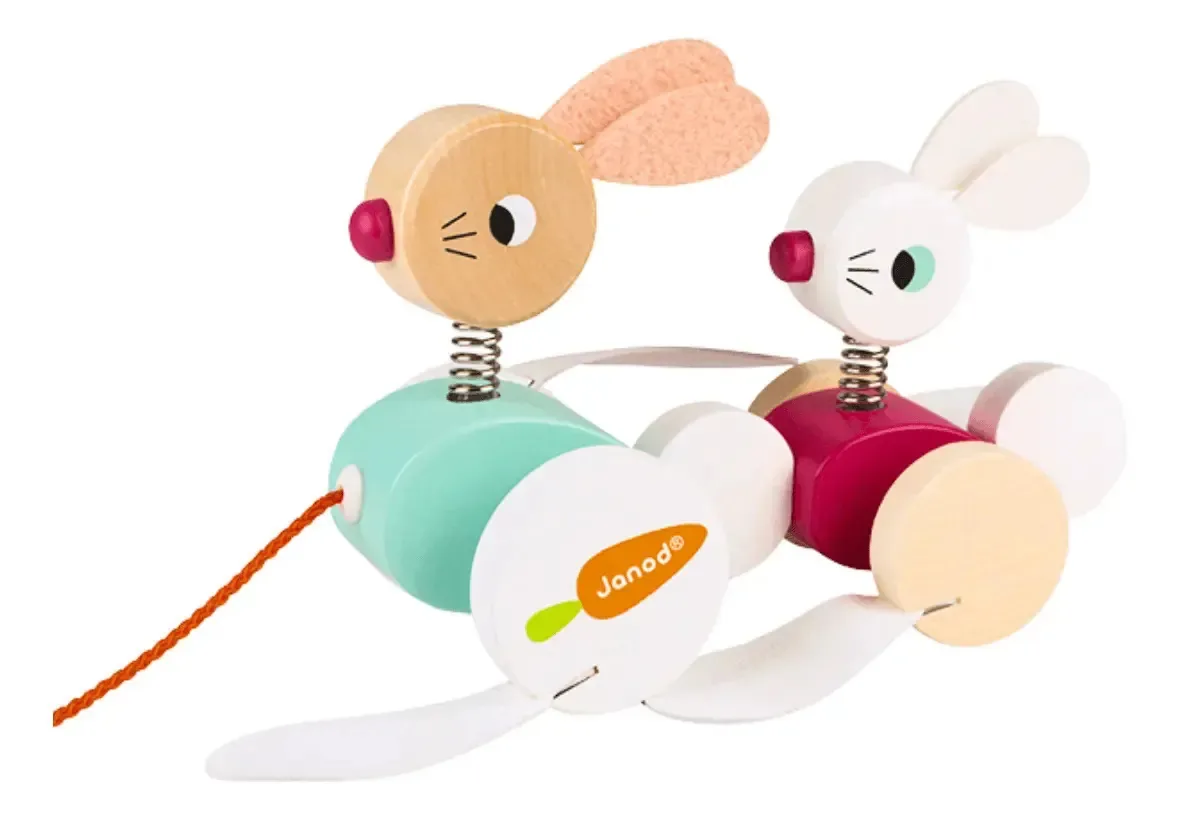 Familia De Coelhos Brinquedo De Madeira De Puxar Passear