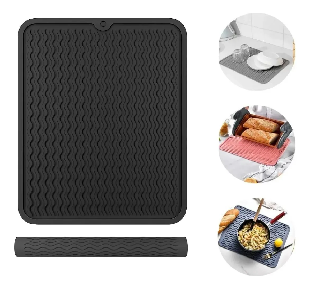 Escorredor De Louça Tapete Silicone Ondulado Antiderrapante Cor Preto
