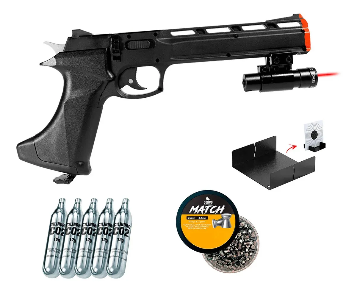 Pistola Co2 Chumbinho Rapthor Tag Co2 4.5mm Semiauto + Laser Preto 4.5 Mm