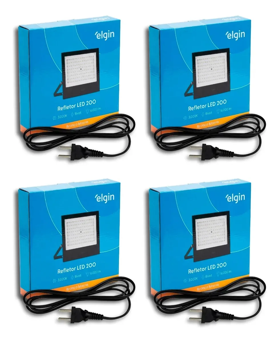 4 Refletores Elgin 200w 3000k Branco Quente Bivolt C/ Tomada