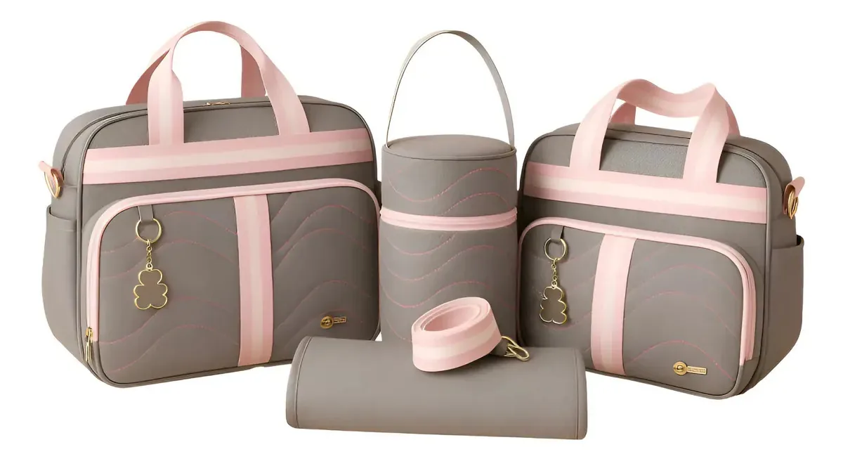 Kit Mala Maternidade Ludy Baby 4 Peças Unissex Cor Cinza com Rosa