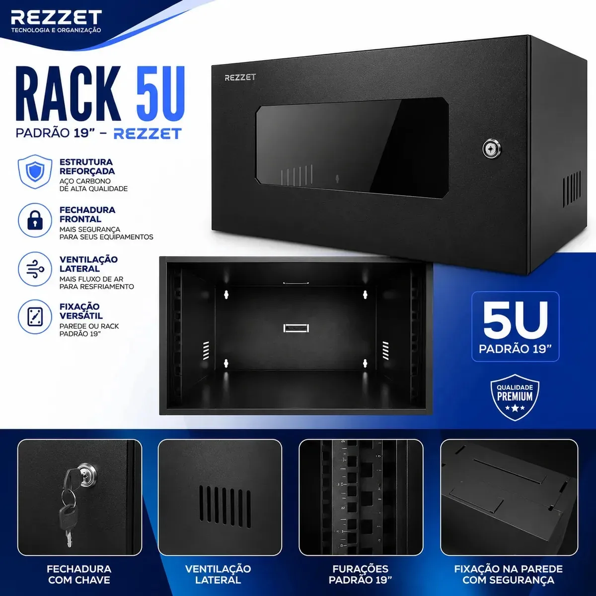 Rack Parede 5U 19" 350mm Rezzet + Bandeja Fixa Mini Rack Servidor DVR NVR Switch Nobreak
