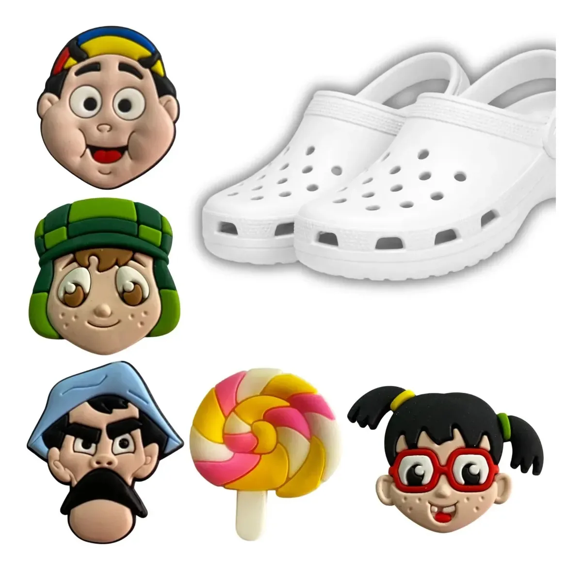 Kit De 5 Pins De Crocs Charms Emborrachados Divertidos Boton Colorido Chaves