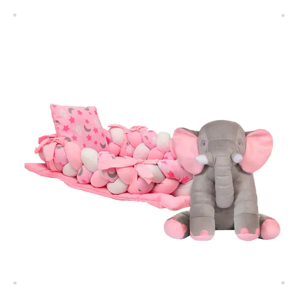Ninho Redutor Trançado Bebê Elefante Pelúcia Almofada Grande Cor Estrela lua rosa