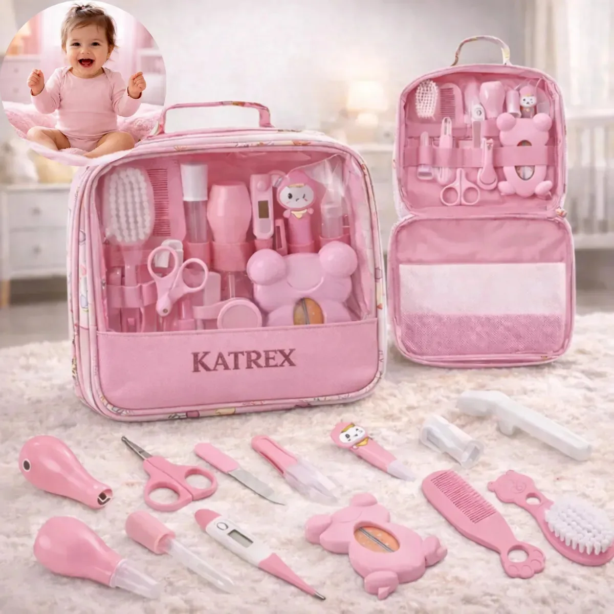 Kit Higiene Bebê 13 Peças Completo Rosa Bolsa Maternidade Termômetro Digital Escova Pente Cortador Unha Aspirador Nasal Recém Nascido Higiene Infantil Enxoval Acessórios Segurança Portátil Katrex