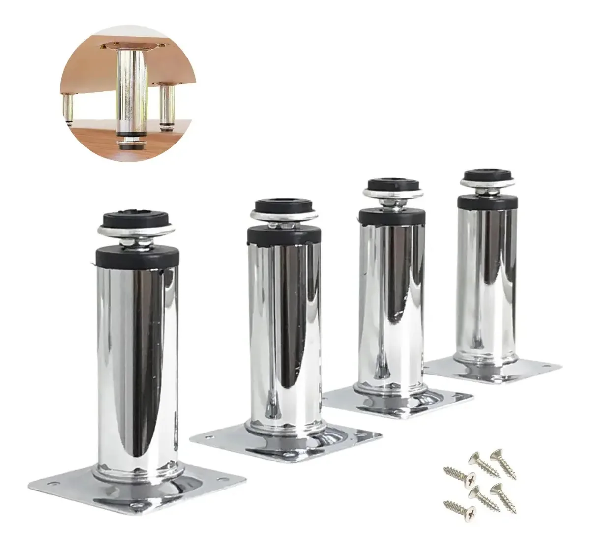 4 Pé Móveis Armário Cozinha Redondo 10cm Regulável Cromado Cromado