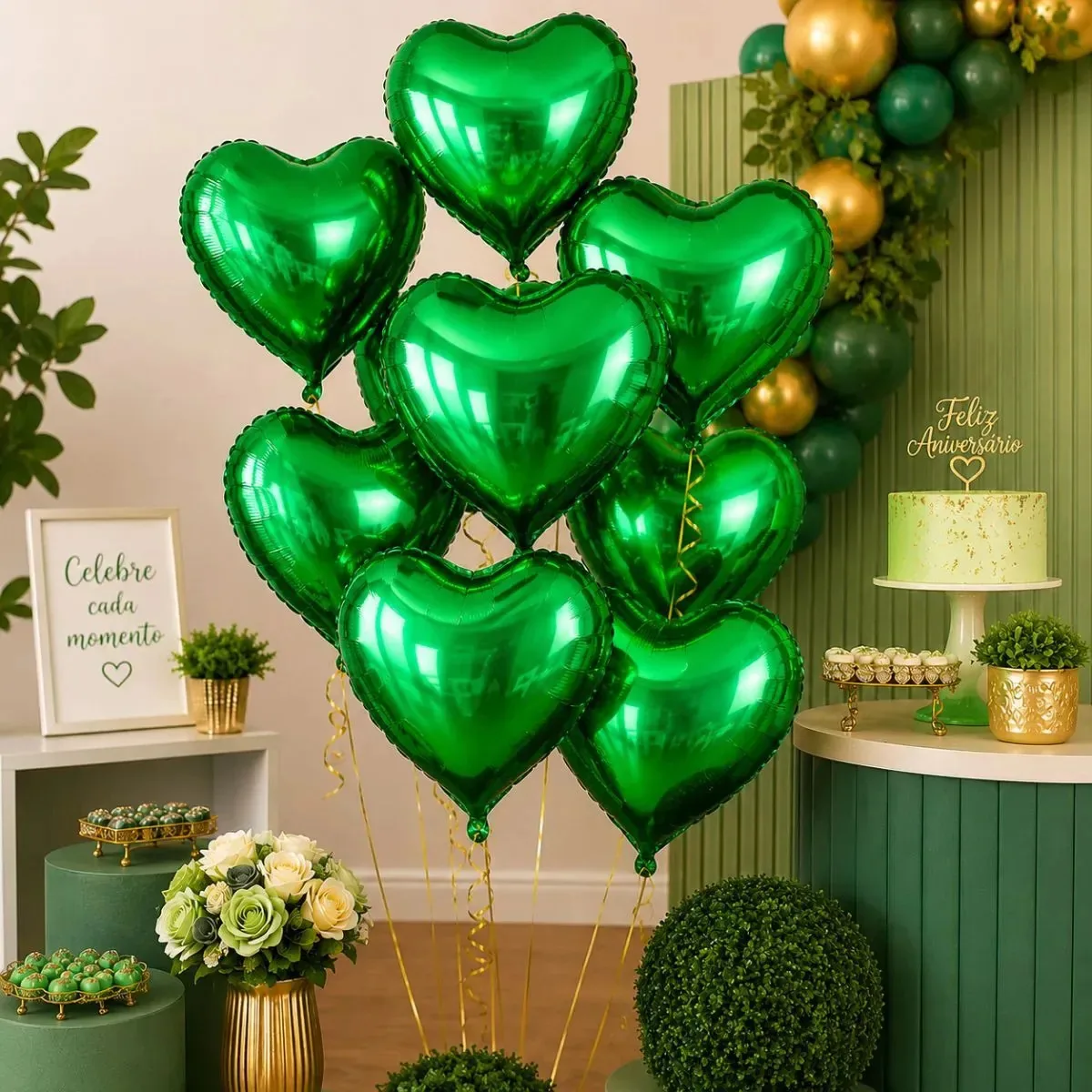 Kit 10 Balões Coração Verde Metalizados 45cm Decoração Festa Verde