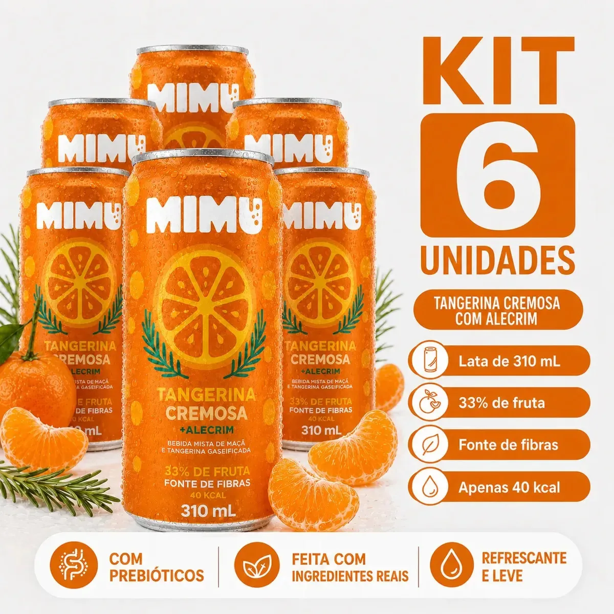 Fardo com 6 Refrigerante Gaseificado Prebiótico Saudável Natural Latinha Lata Sem Açúcar Zero Açúcar Adicionado Soda Zero Sódio Refrescante Fonte de Fibras Tangerina Cremosa com Alecrim
