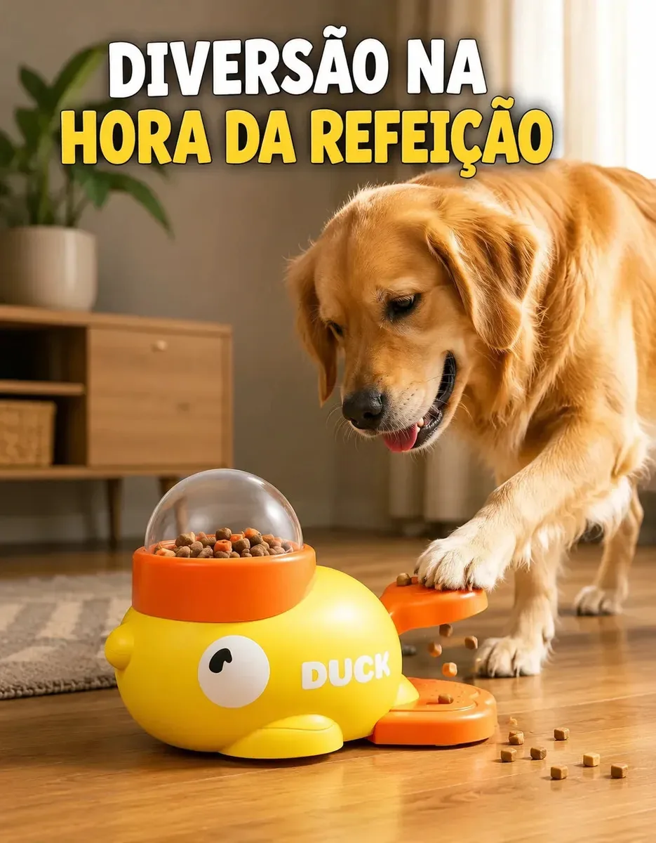 Comedouro Interativo Pato Dispenser de Ração e Petisco para Cães e Gatos Brinquedo Pet Alimentação Lenta com Pedal e Cúpula Transparente Plástico ABS Atóxico Lavável Mia Utilidades